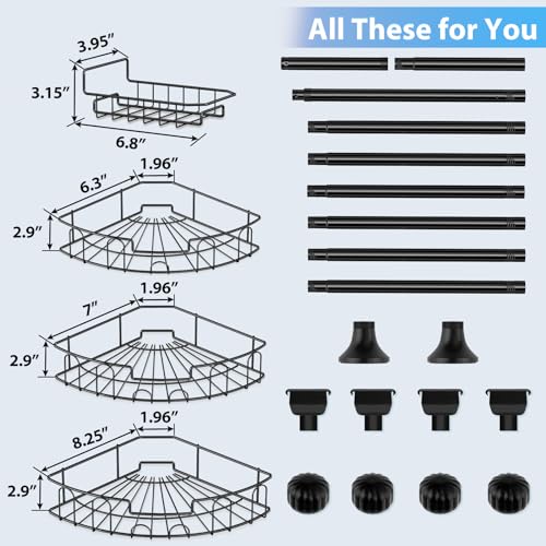 BsBsBest Shower Organizer Caddy - Stainless Steel Shower Shelves Rack, Adjustable Organization And Storage Head Holder, Rustproof Tension Pole, Black