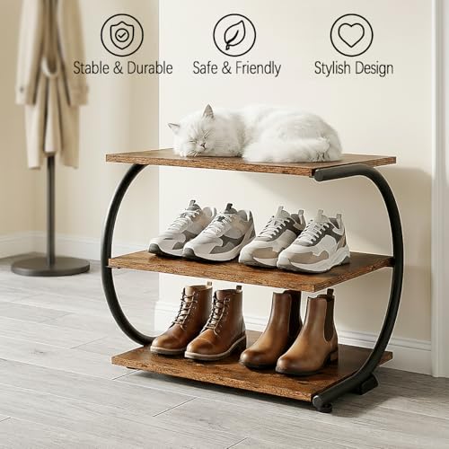 C-Shaped 3-Tier Shoe Rack with Metal Frame & Adjustable Feet - Compact Organizer for Entryway, Closet, Hallway (Holds 11 lbs/Shelf) - size: 17.32" X 11.81" X14.76"