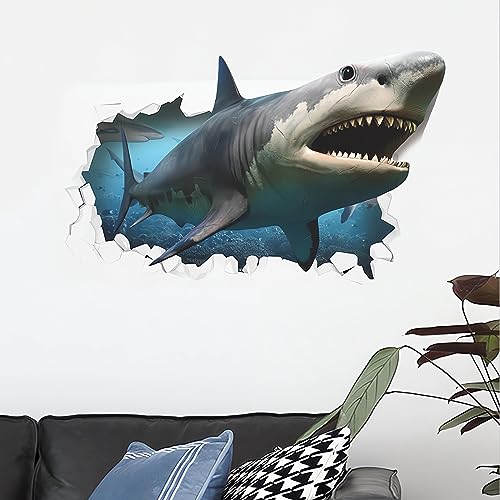 Broken Wall Fierce Shark Wall Stickers, sacinora Cartoon Sea Animal Wall Decals Removable Vinyl Peel and Stick for Kids Boy Living Room Bedroom Children's Room Bathroom Sofa TV Background Decorations