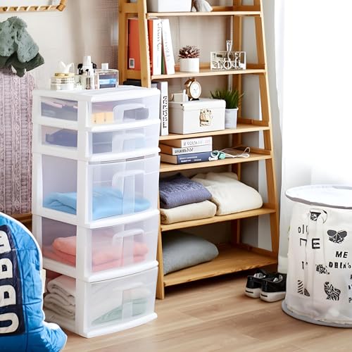 HOMZ 5-Drawer Storage Cart, Clear Plastic Drawers, 14.25" Wide Medium, White Frame - Organizing Drawer Containers for Home, Bathroom, Office, and Classroom - color: White frame with clear drawer