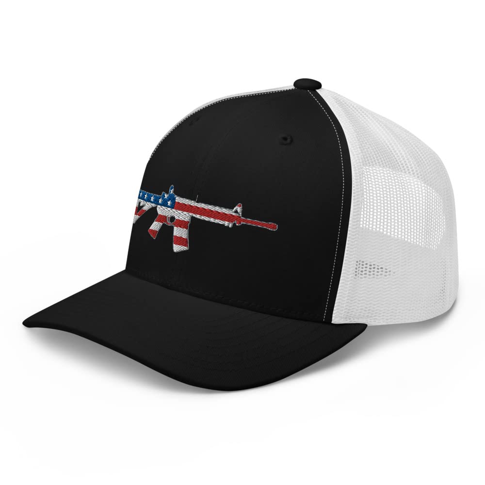 Gunner Gear 2nd Amendment American Flag AR-15 Tactical USA Hat for Men Trucker Style Snapback Yupoong 6606 Black/White