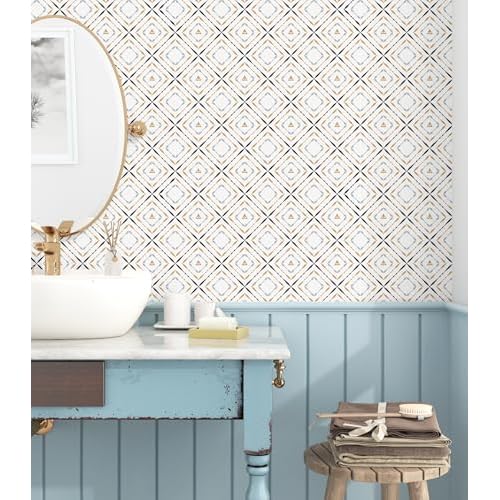 Kitchen Backsplash Geometric Wallpaper Diamond Self Adhesive Contact Paper for Countertops Vinyl White/Black/Gold Modern Accent Wall Paper Bathroom Living Room Walls Shelf Liner Cabinet
