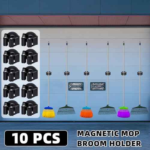 10 Pcs Magnetic Mop Broom Holder Movable Magnetic Broom Holder Rack, Anti Slip Wall Mounted Utility for Cleaning Tools, Garage, Kitchen, Laundry, Garden (Black)