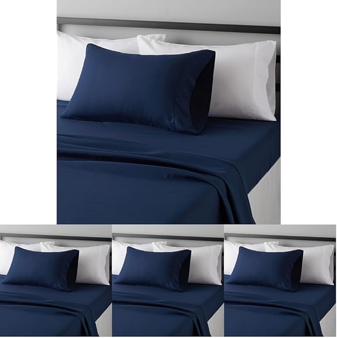 Amazon Basics Lightweight Super Soft Easy Care Wrinkle Free Microfiber 3 Piece Bed Sheet Set with 14-Inch Deep Pockets, Twin, Navy Blue, Solid, Kids, Men & Women Bedding (Pack of 4)