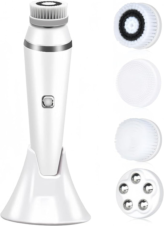 Facial Cleansing Brush Rechargeable, Electric Face Scrubber for Deep Cleansing, Exfoliating, Face Massaging, 3 Speeds Adjustable Water Resistant Face Brush Cleanser with 4 Brush Heads White