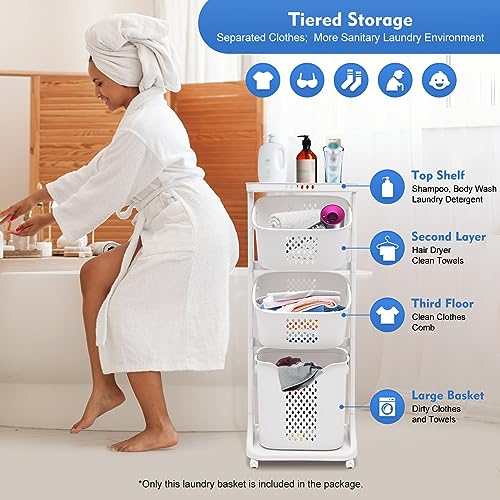 Laundry Basket, 3 Tiers Storage Basket Plastic Clothes Hamper Movable Clothes Hamper Bathroom Hampers With Wheels,Portable Freestanding Dirty For Laundry Room Organization