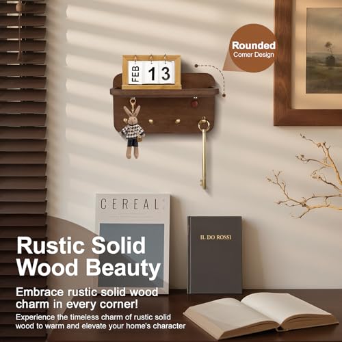 Key Holder Wall Mount, Solid Wood Key Holder for Wall with 4 Brass Hooks & Hidden Magnets, 15° Incline Hooks & Grooved Design to Prevent Slipping, Vintage Brown Key Hanger