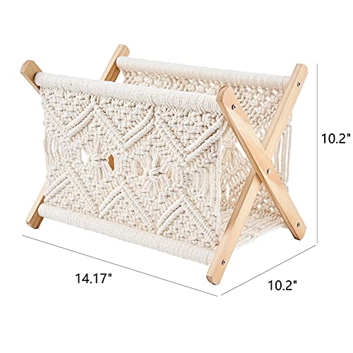 Mkono Macrame Magazine Rack Boho Storage Holder Standing Basket for Books, Newspapers, Swaddle Blanket, Dorm Essentials, Living Room, Bathroom, Office, Nursery, Home Decor, Medium Size, 14”L x 10”W