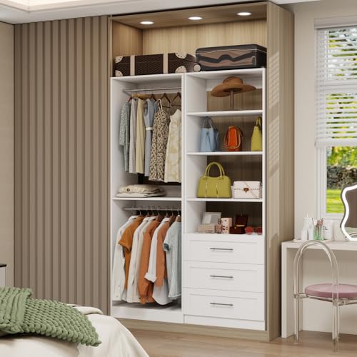 Closet System with 3 Drawers, 4FT Wood Closet Organizer System with 4 Hanging Rods&Adjustable Shevles, 81"Tall Modular Walk In Closet System, Standalone Closet System System, 2 Set,White