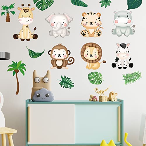 9 Sheets Baby Safari Animals Wall Stickers Jungle Animals Wall Decals Elephant Zebra Giraffe Hippo Lion Leaf Baby Nursery Decor Peel and Stick Decals Kids Bedroom Living Room Art