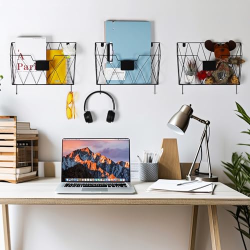 OYEAL Hanging Wall File Organizer, 6 Pockets Wall File Holder, Metal Mail Organizer Wall Mounted with Hooks for Papers, Folders, Office Magazine Rack, Black