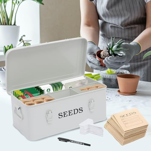 Seed Storage Organizer, 4 Compartment Seed Storage Box with Safety Lock, Metal Seed Box Seed Packet Container with 1 Pen, 12 Slots, 20 Plant Labels & 30 Seed Envelopes, White Gardening Gift - color: White Box with Slots