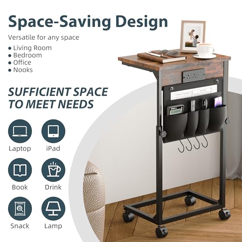 Adjustable Height Couch Table with USB-C Charging Station & Pocket Storage – Compact Couch Stand with Hooks & Wheels for Small Spaces & Living Room, Adjustable C Table (Rustic Brown)