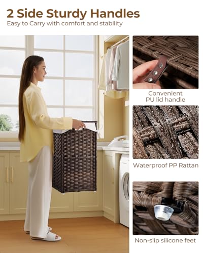 Greenstell Laundry Hamper with Lid, 125L Laundry Basket with 2 Removable Liner Bags & 2 Mesh Bags, Handwoven Synthetic Rattan Clothes Hamper for Clothes, Toys in Bathroom, Bedroom, Foldable, Brown - color: Brown, size: 125L (25.6 x 13.0 x 23.6 inches)