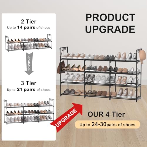 3 Row 4 Tier Long Shoe Rack, Black Metal Stackable Shoe Shelf with Multifunctional Hooks, Shoe Storage Hold 24-30 Pairs, Space Saving Shoe Organizer for Closet,Wide Shoe Rack - size: 3 Row 4 Tier