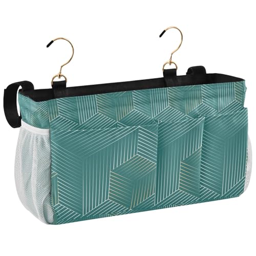Bedside Caddy Hanging Bunk Bed Caddy Bed Organizer Hanging Pocket with 2 Hooks Bedside Storage Organizer Pocket Bag Holder Geometric Green - color: Geometric Green