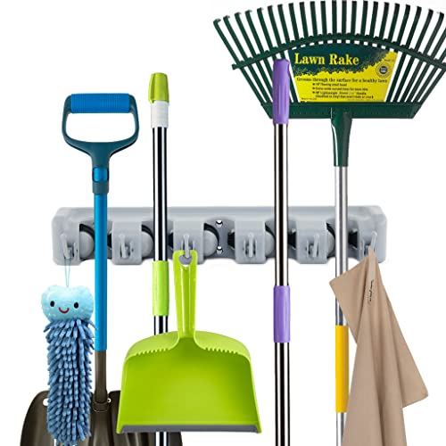 ForHauz Broom Holder with 5 Holding Positions & 6 Hooks, Easy Wall Mount Storage for Organizing Garage or Closet - size: 1 Count (Pack of 1)