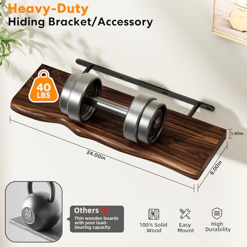 Solid Wood Live Edge Floating Shelves Set of 2 – 24" Rustic Wall Shelf with Hidden Bracket System, Wall Mounted Shelves for Bathroom, Kitchen, Living Room, Bedroom (Walnut) - color: Walnut, size: 24 inch - 2pcs