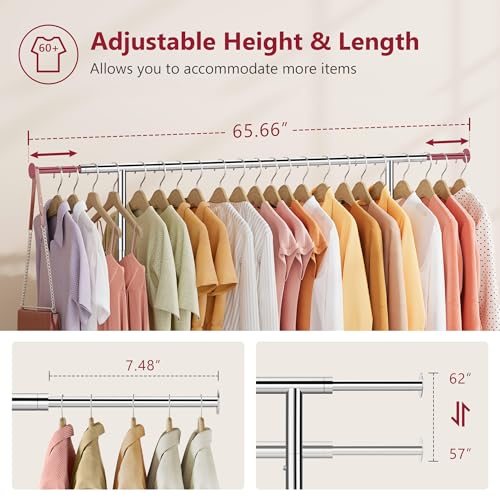 Tajsoon Heavy Duty Clothes Rack Foldable Garment Rack with Wheels and Extendable Rod, Freestanding Clothing Rack for Hanging Clothes, Adjustable ＆ Collapsible Rolling Racks with Bottom Shelf, Chrome - style: Single Rod Heavy Duty