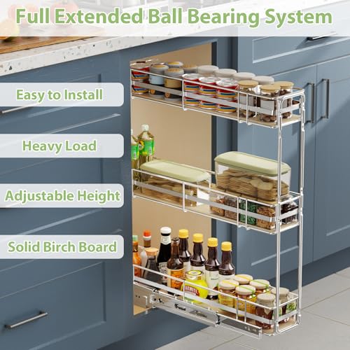 ROOMTEC 3-Tier Pull Out Cabinet Organizer Spice Rack for Narrow Cabinet 5" W x 20½" D, Slide Out Wood Shelves Storage for Kitchen - size: 5" W x 20½" D, 3 Tier, Wood Shelves