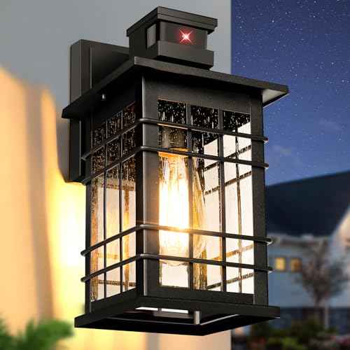Motion Sensor Outdoor Wall Light Black, Dusk to Dawn Outside Porch Light Fixture Wall Mount, Waterproof Exterior Light Fixture with Seeded Glass, Matte Black Wall Sconce Lantern for House Patio Garage