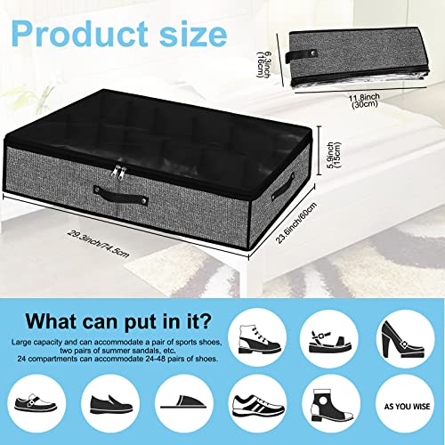 Under Bed Shoe Storage Organizer for Closet 2 Pack- Fits 24 Pairs Underbed Shoes Container Boxes with 2 Sturdy Handles and Clear Window,Foldable Shoe Rack Holder,Black - color: Black-24pairs, style: Regular Handle