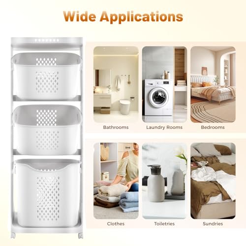 Rolling Laundry Basket Hamper, Laundry Sorter Cart 3 Section on Wheels, Stackable Tiered Organizer Baskets Shelf Rack Storage w/Compartment for Bedrooms, Classrooms, Laundry Rooms