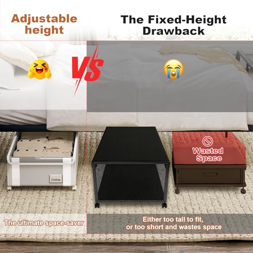Fokyfok 2Pack Under Bed Storage with Wheels,6.7"-9" Adjustable Height Underbed Storage,Under Bed Storage Containers,Rolling Under Bed Clothes Storage,Metal Under Bed Drawers for Shoes,Blankets,Toys - size: Height 6.7"-9"