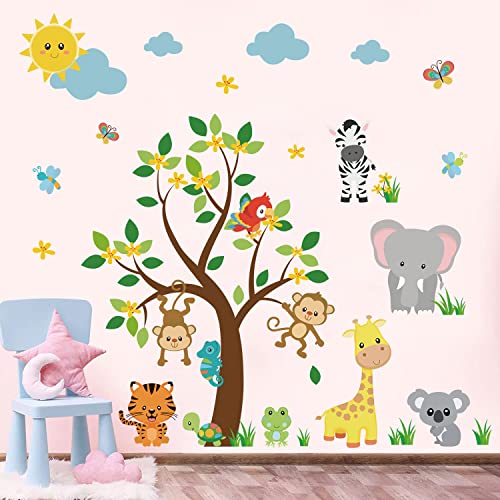 Supzone Jungle Animal Wall Stickers Monkey Tree Wall Decals Elephant Giraffe Tiger Wall Sticker for Kids Girls Boy Baby Nursery Playroom Bedroom Living Room Kindergarten Wall Decor