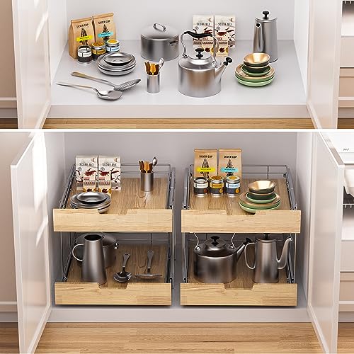Sikarou Pull Out Cabinet Organizer,Heavy-Duty Slide Out Shelf, Wood and Wire Basket, Pull Out Drawer for for Kitchen Under Sink Space, Pantry, Bathroom, 2 Tie 26 * 21 in - size: 2-TIE 26*21 WM