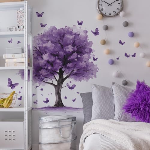 Purple Tree Wall Decals Removable Purple Butterfly Wall Stickers Peel and Stick Vinyl Plant Wall Decor Waterproof for Bedroom Living Room Bathroom Decorations