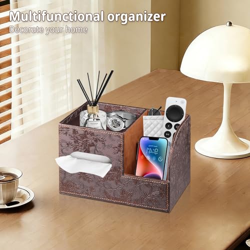 Leather Square Tissue Box Cover with Storage Tray,Cube Tissue Box Holder,Modern Facial Paper Organizer with Remote Control Holder for Bathroom,Vanity Countertop,End Table NightStand Home Office - color: Retro