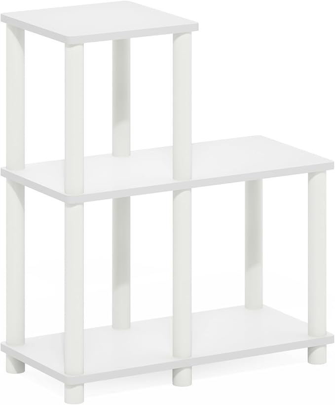 Furinno Turn-N-Tube Storage Shelves, 2-Tier Ladder Shape Book Shelf with Open Frame Design, 5-Cube Corner Shelf, Toolless Open Shelves, Living Room, Garage, Home Office, White