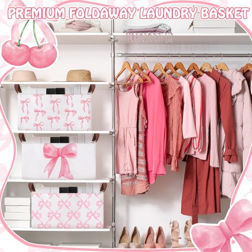 Boao 3 Pcs Coquette Pink Bow Storage Bin Collapsible Large Storage Baskets for Gifts Empty Candy Holiday Decor Canvas Laundry Basket Foldable Box with Handle for Office Home Bedroom Clothes - style: Bow and Cherry