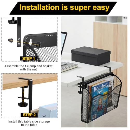 Clamp On Desk Organizer, 2-IN-1 Under Desk Side Organizer Storage Hanging Wall Mounted File Holder Under Desks Drawer Mesh File Organizers for Office Home Room Storage Basket