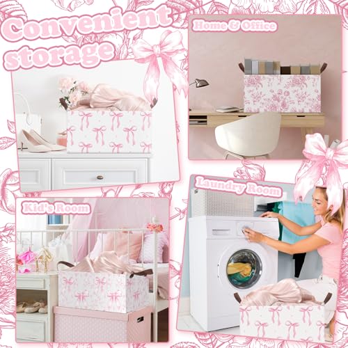Boao 3 Pcs Pink Bow Storage Bin Coquette Collapsible Large Storage Baskets for Gifts Empty Candy Holiday Decor Canvas Laundry Basket Foldable Box with Handle for Office Home Bedroom Clothes - style: Pink Bow