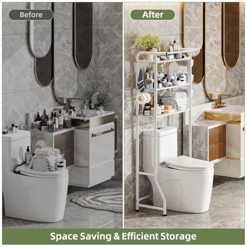Simple Trending 3 Tier Over The Toilet Storage Rack, Metal Bathroom Shelf, Bathroom Stand Organizer Space Saver with Paper Holder and Hooks, White - color: White