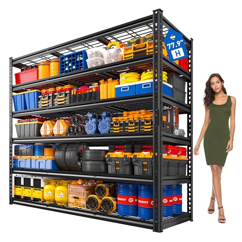 REIBII 78"H x 55"W Garage Shelving, 3300LBS Heavy Duty Shelving, Rivet 6-Tier Adjustable Metal Garage Storage Rack, Industrial Shelving with Reinforced Mesh, for Warehouse Basement Commercial, Black - size: 55.1"Wx17.7"D x 77.9"H