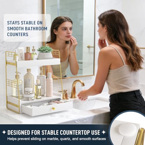 Bathroom Counter Organizer with Drawer, Slim 2-Tier Vanity Countertop Storage Shelf for Skincare, Toiletries & Small Essentials (White) - color: White
