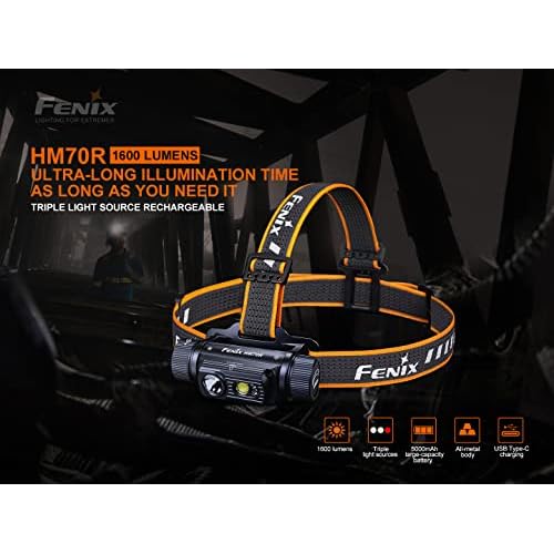 Fenix HM70R Headlamp, 1600 Lumen USB-C Rechargeable with White, High CRI and Red Beams and Lumentac Organizer
