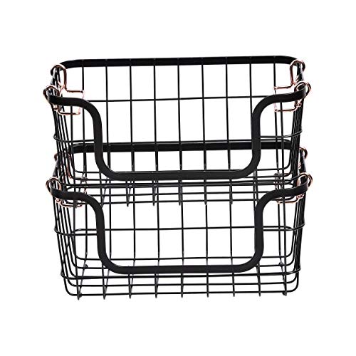 Amazon Basics Stackable Metal Wire Rectangular Storage Baskets for Kitchen, Bathroom or Pantry Organizing, 2 Count, Black