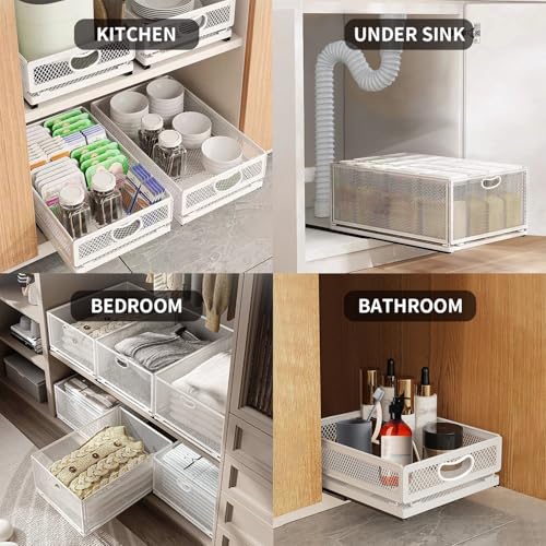 Sliding Cabinet Basket Organizer Drawer Self Adhesive Slide out Pantry Shelves Heavy Duty Carbon Steel Slide Cabinet Storage Basket with Handle for Bathroom Kitchen Home - size: Extended Large