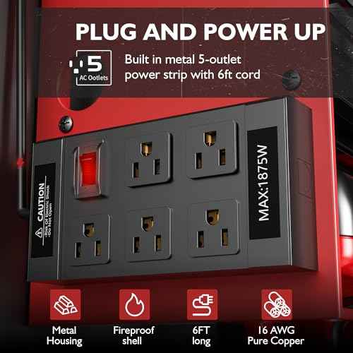 Power Tool Organizer Wall Mount with Charging Station, Cordless Drill and Battery Holder Shelf for Garage Organization,Heavy Duty Metal Tool Rack Storage, Load 300lbs, Built in 5 Outlet Power Strip