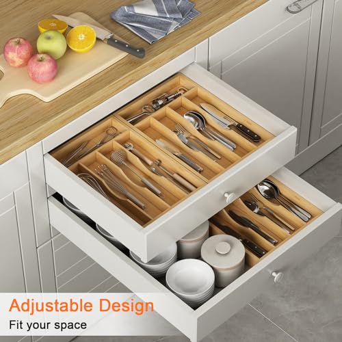 Youpehom Bamboo Utensil Organizer for Kitchen Drawers, Utensil Tray and Cutlery Silverware Holder,Wood Drawer Dividers with 5 Slots，2 pack - size: 5 Slots-2 Pack