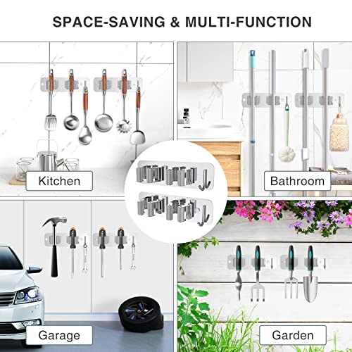 homeasy Wall Mount Mop and Broom Holder, Heavy Duty Stainless Steel Organizer Rack with Hooks | 4-Pack, 2-in-1 No Drill & Screw Installation, Silver - color: Silver-4