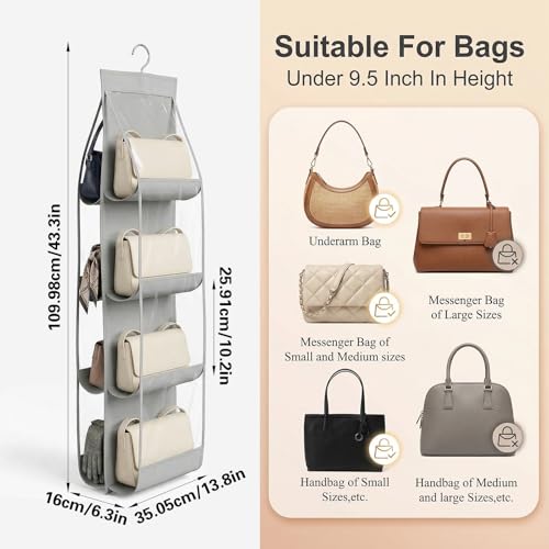 4-Pack Hanging Purse Organizer for Closet, Purse Storage Holder with 8 Clear PVC Pockets, Space Saving Handbag Hanger for Wardrobe Door Wall, Foldable Non-Woven Fabric, Gray