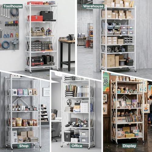 DEANIC 70.7" Tall Extra Large 5-Tier Folding Storage Shelf with Wheels, No Assembly Collapsible Metal Rack with Leveling Feet for Garage, Pantry, Basement, Vendor Display, Kitchen(White,1 Pack) - color: White