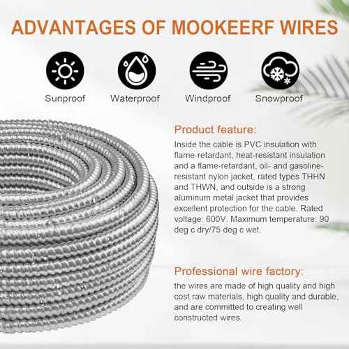14/2 MC Cable with Ground - 50FT Pure Copper 14AWG/2 Metal Clad Wire with Aluminum Armor 14 Gauge 2 Conductor Type MC Alum Cable