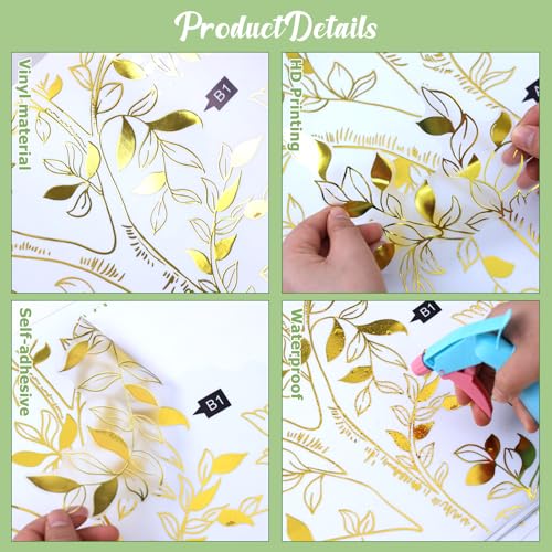 Large Tree Wall Decal - Gold Tree Wall Decals, Peel and Stick Trees Leaves Wall Stickers Foil Stamping Birds Leaf Walls Decor for Classroom Living Room Bedroom Nursery (Gold, 11.8 * 23.6inch)