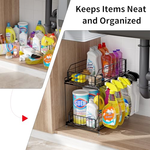 SUEH DESIGN Under Sink Organizers and Storage, 2 Tier Metal Under Sink Storage with Hanging Rail for Kitchen Bathroom Cabinet Organizer, 2 Pack - size: 10.3"W x 15.6"H Wider 2 Pack